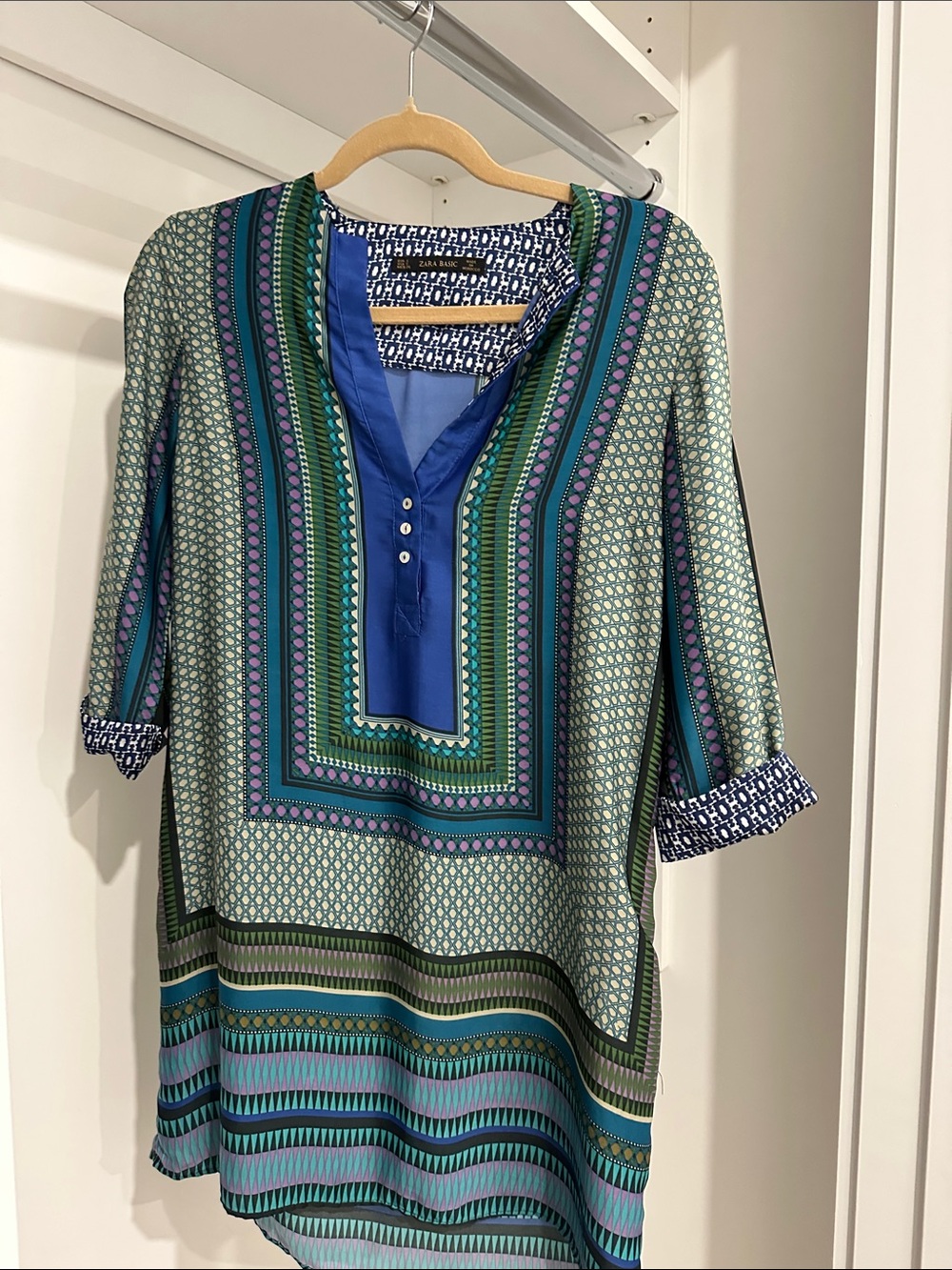 Zara Blue and Green Printed V-Neck Tunic